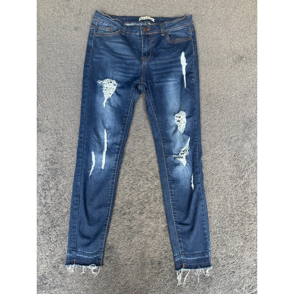 Encore Jeans Women's Size 5 Blue Denim Cotton Stretch Distressed Straight Leg